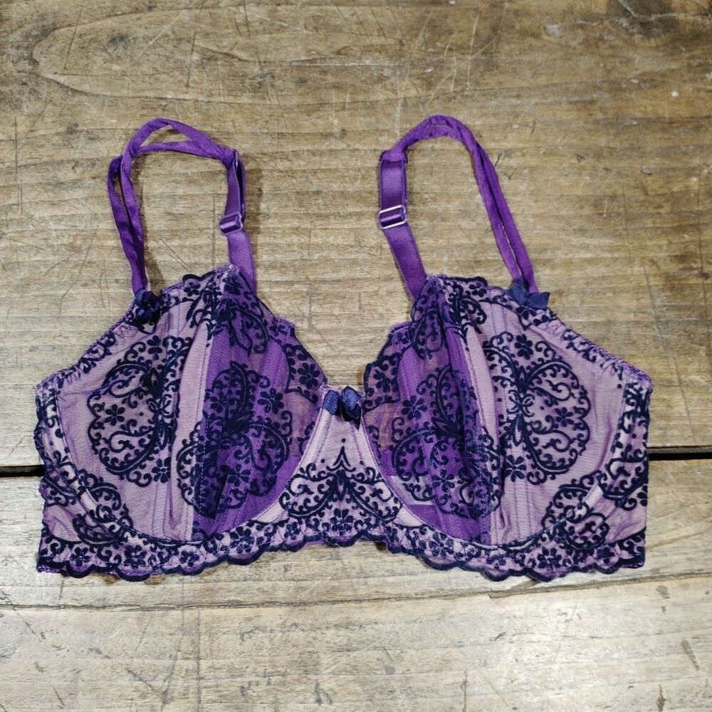 Victoria Secret Bra 36DD Unlined Demi Purple Underwire Lace Stays Goth